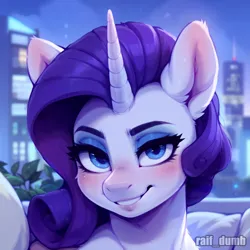 Size: 944x944 | Tagged: safe, ai content, derpibooru import, machine learning generated, prompter:raif, stable diffusion, rarity, pony, unicorn, blue eyes, blushing, bust, city, cityscape, couch, ear fluff, eyebrows, eyelashes, eyeliner, eyeshadow, g4, generator:easyfluff v11.2, horn, image, living room, looking at you, makeup, night, png, portrait, smiling, smiling at you, solo, watermark