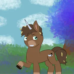 Size: 4096x4096 | Tagged: safe, artist:mabelthedork, derpibooru import, oc, oc:java coffeeswirl, unofficial characters only, pony, unicorn, g5, g5 oc, grin, horn, image, jpeg, male, outdoors, raised hoof, smiling, solo, stallion, tail, tree, unshorn fetlocks