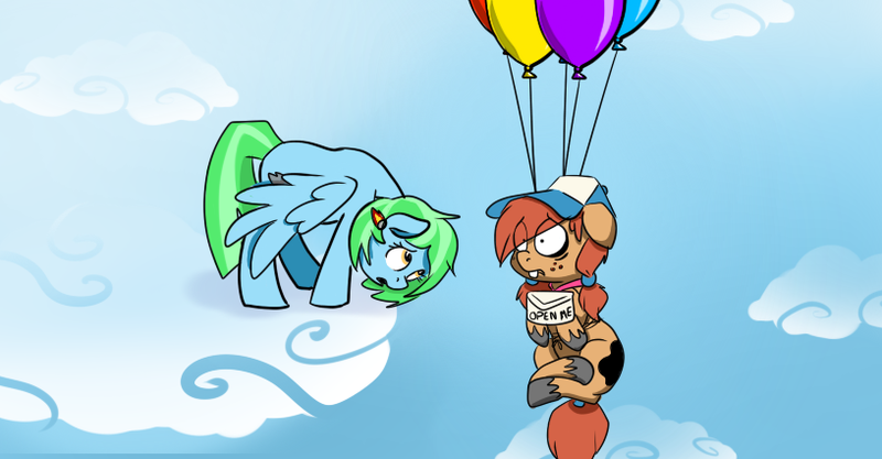 Size: 816x425 | Tagged: source needed, safe, artist:pippy, oc, oc:jade meteor, oc:pippy smudgebutt, unofficial characters only, pegasus, pony, balloon, cloud, duo, floating, image, looking at something, oc x oc, png, scared, shipping, spread wings, tumblr, wings