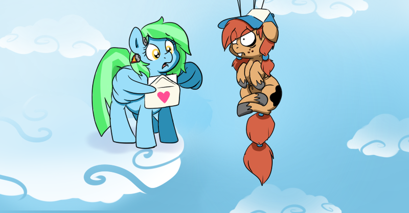 Size: 816x425 | Tagged: source needed, safe, artist:pippy, oc, oc:jade meteor, oc:pippy smudgebutt, unofficial characters only, pegasus, pony, cloud, duo, floating, image, oc x oc, png, scared, shipping, tumblr, wing hands, wings