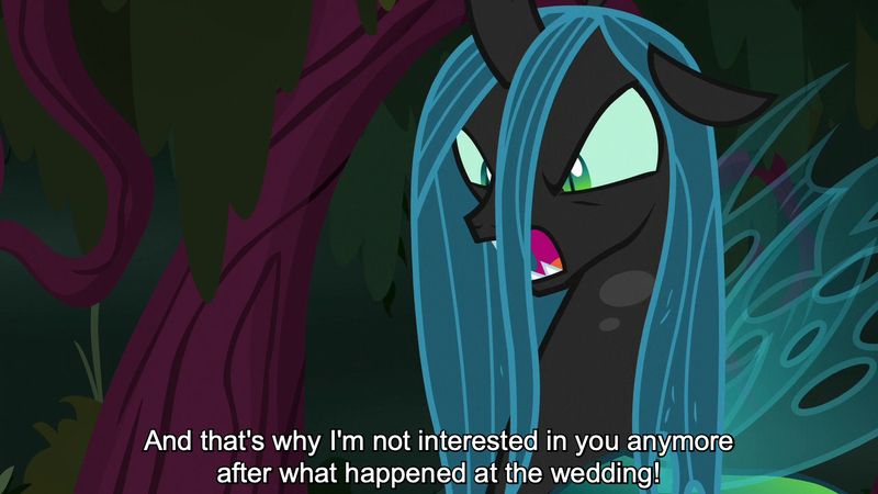 Size: 1280x720 | Tagged: safe, derpibooru import, edit, edited screencap, editor:jaredking779, screencap, queen chrysalis, changeling, changeling queen, season 8, the mean 6, spoiler:s08, angry, caption, female, g4, image, jpeg, solo, text