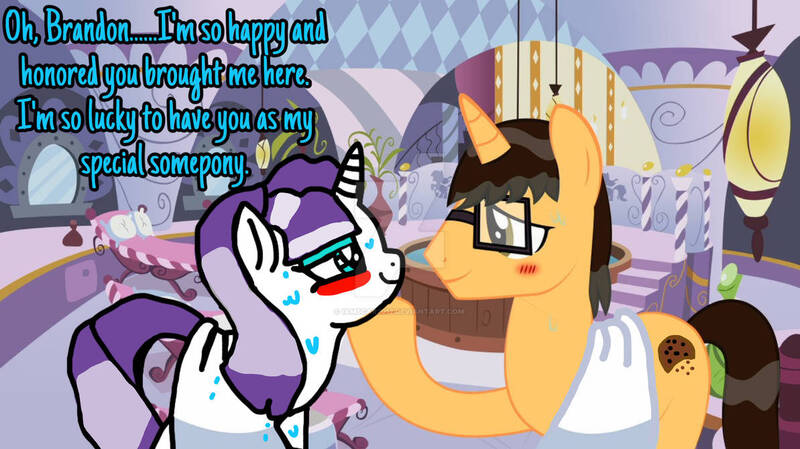 Size: 1193x670 | Tagged: safe, artist:iamscar2017, derpibooru import, rarity, oc, blushing, brandon the brony pony, eyeliner, eyeshadow, g4, image, jpeg, lidded eyes, makeover, makeup, mlpeg, ponyville spa, relaxing, shipping, spa, towel, wet, wet hair, wet mane