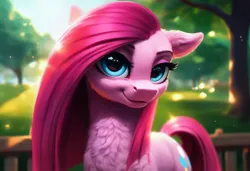 Size: 1216x832 | Tagged: safe, ai content, machine learning generated, ponerpics import, ponybooru import, pinkie pie, earth pony, pony, aside glance, cheek fluff, chest fluff, ear fluff, ears, female, fluffy, generator:pony diffusion v6 xl, image, jpeg, looking at you, mare, neck fluff, pinkamena diane pie, sideways glance, smiling, smiling at you, solo, tree