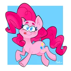Size: 1869x1888 | Tagged: safe, artist:squididdlee, derpibooru import, pinkie pie, earth pony, pony, colored pupils, female, g4, image, jpeg, looking at you, mare, passepartout, ponk, signature, simple background, smiling, smiling at you, solo, tongue out, white background