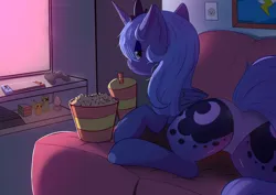 Size: 4093x2894 | Tagged: suggestive, artist:skylarty, derpibooru import, princess luna, butt, clothes, couch, cute, image, looking at you, lunabetes, panties, png, television, underwear