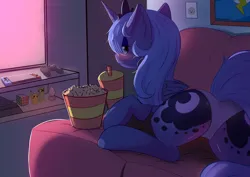 Size: 4093x2894 | Tagged: suggestive, artist:skylarty, derpibooru import, princess luna, blushing, butt, clothes, couch, cute, image, looking at you, lunabetes, panties, png, television, tv lighting, underwear