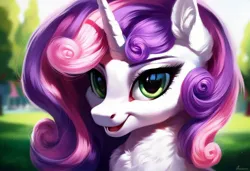 Size: 1216x832 | Tagged: safe, ai content, machine learning generated, ponerpics import, ponybooru import, sweetie belle, pony, unicorn, bust, ear fluff, ears, female, fluffy, generator:pony diffusion v6 xl, image, jpeg, mare, neck fluff, older, older sweetie belle, open mouth, smiling, solo