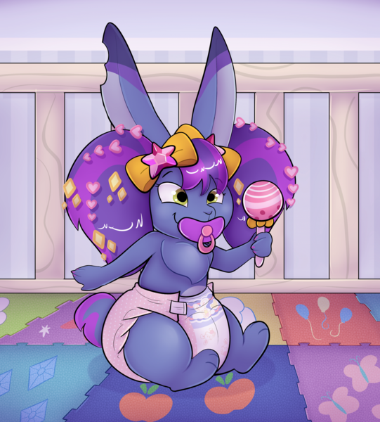 Size: 1823x2021 | Tagged: suggestive, artist:zombineko, derpibooru import, rabbit, g5, my little pony: tell your tale, animal, bow, bunnisi beauties, diaper, diaper fetish, fetish, hair bow, image, nail polish, pacifier, pigtails, playpen, png, rattle, twitch (g5), wig