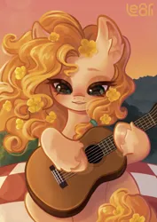 Size: 2283x3233 | Tagged: safe, artist:lenori, derpibooru import, pear butter, earth pony, pony, the perfect pear, artwork, bust, buttercup, digital art, flower, food, g4, guitar, illustration, image, musical instrument, my little pony, pear, png, portrait, soft, soft shading, solo, sunset