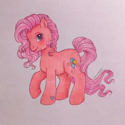 Size: 1080x1080 | Tagged: safe, artist:dariarchangel, derpibooru import, pinkie pie (g3), earth pony, pony, g3, curly hair, curly mane, image, jpeg, looking at you, raised hoof, smiling, smirk, solo, traditional art