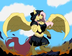 Size: 4096x3200 | Tagged: safe, alternate version, artist:enterusxrname, derpibooru import, bat pony, pegasus, pony, absurd resolution, bipedal, clothes, cloud, destruction, dust, fangs, female, fire, flowing mane, flowing tail, g4, ibispaint x, image, muscles, muscular female, png, red eyes, rock, skirt, solo, spread wings, tail, torn clothes, wings