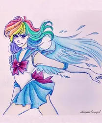 Size: 1080x1298 | Tagged: safe, artist:dariarchangel, derpibooru import, part of a set, rainbow dash, human, crossover, female, humanized, image, jpeg, sailor moon (series), sailor senshi, solo, traditional art, windswept hair, winged humanization, wings