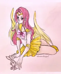 Size: 1080x1298 | Tagged: safe, artist:dariarchangel, derpibooru import, part of a set, angel bunny, fluttershy, human, rabbit, animal, crossover, duo, female, humanized, image, jpeg, sailor moon (series), sailor senshi, sitting, traditional art, winged humanization, wings