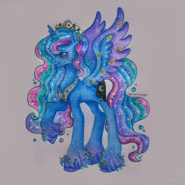 Size: 1080x1080 | Tagged: safe, artist:dariarchangel, derpibooru import, princess luna, alicorn, pony, alternate design, crown, ethereal mane, ethereal tail, image, jewelry, jpeg, peytral, raised hoof, regalia, solo, spread wings, tail, unshorn fetlocks, wings