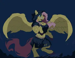 Size: 4096x3200 | Tagged: safe, alternate version, artist:enterusxrname, derpibooru import, fluttershy, pegasus, pony, bipedal, choker, cloak, clothes, female, flowing mane, flowing tail, flutterhulk, g4, hood, image, muscles, muscular female, night, png, rock, signature, skirt, sky, solo, spread wings, stars, tail, torn clothes, wings