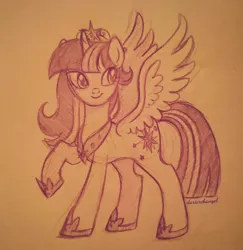 Size: 1080x1110 | Tagged: safe, artist:dariarchangel, derpibooru import, twilight sparkle, twilight sparkle (alicorn), alicorn, pony, big crown thingy, concave belly, element of magic, hoof shoes, image, jewelry, jpeg, monochrome, peytral, princess shoes, raised hoof, regalia, sketch, solo, traditional art