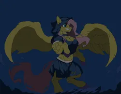 Size: 4096x3200 | Tagged: safe, alternate version, artist:enterusxrname, derpibooru import, fluttershy, pegasus, pony, absurd resolution, bipedal, choker, cloak, clothes, dark, female, flowing mane, flowing tail, flutterhulk, g4, hood, image, muscles, muscular female, night, png, rock, signature, skirt, sky, solo, spread wings, stars, tail, torn clothes, wings