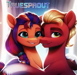Size: 863x837 | Tagged: safe, ai content, derpibooru import, machine learning generated, prompter:truesprout, sprout cloverleaf, sunny starscout, earth pony, pony, g5, abstract background, braid, cute, duo, female, hug, image, love, male, mane stripe sunny, mare, png, romance, romantic, shipping, smiling, stallion, straight, sunnysprout