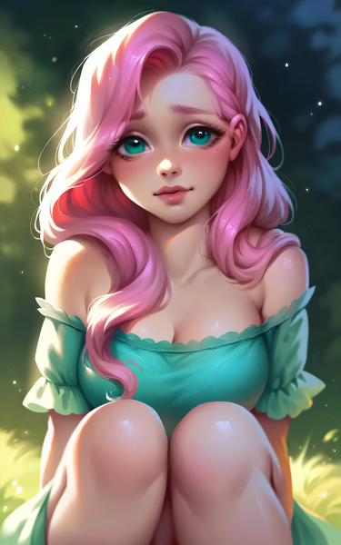Size: 2560x4096 | Tagged: safe, ai content, anonymous prompter, derpibooru import, machine learning generated, stable diffusion, fluttershy, human, beautiful, breasts, busty fluttershy, clothes, dress, female, g4, generator:pony diffusion v6 xl, generator:purplesmart.ai, humanized, image, knees, looking at you, outdoors, png, sitting, solo, upscaled