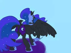 Size: 4800x3600 | Tagged: safe, artist:ponny, derpibooru import, nightmare moon, alicorn, pony, colored, concave belly, fangs, image, png, rear view, solo, spread wings, wings