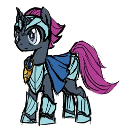 Size: 1062x1098 | Tagged: safe, artist:finnfox66, derpibooru import, oc, unofficial characters only, unicorn, armor, derpibooru exclusive, full body, gray coat, horn, image, png, purple mane, simple background, transparent background