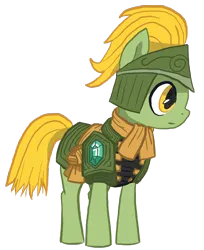 Size: 1176x1440 | Tagged: safe, artist:finnfox66, derpibooru import, oc, oc:golden glaive, unofficial characters only, earth pony, armor, clothes, derpibooru exclusive, full body, gem, green coat, helmet, image, png, scarf, simple background, transparent background, yellow mane