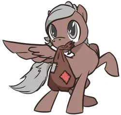 Size: 1596x1516 | Tagged: safe, artist:finnfox66, derpibooru import, oc, oc:wovenheart, pegasus, bag, brown coat, derpibooru exclusive, full body, gray mane, image, patch, png, simple background, spread wings, transparent background, wings