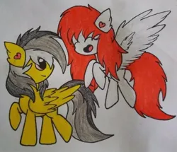 Size: 872x749 | Tagged: safe, artist:cherry.317, derpibooru import, oc, oc:kira (fl), oc:thunder (fl), unofficial characters only, pegasus, pony, duo, flying, image, jpeg, looking at each other, looking at someone, simple background, smiling, smiling at each other, traditional art