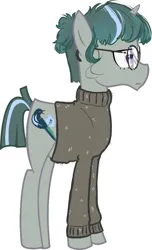 Size: 629x1033 | Tagged: safe, derpibooru import, oc, oc:knot whatnot, unofficial characters only, unicorn, artis:julmu, derpibooru exclusive, full body, glasses, green mane, horn, image, png, pullover, round glasses, simple background, white background