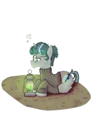 Size: 900x1200 | Tagged: safe, artist:julmu, derpibooru import, oc, oc:knot whatnot, unofficial characters only, crystal, full body, glasses, green mane, heart, image, lantern, png, pullover, round glasses, simple background, transparent background