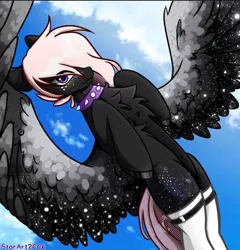 Size: 690x718 | Tagged: safe, artist:starart2006, derpibooru import, oc, oc:onyxstar (fl), pegasus, pony, :3, choker, clothes, flying, image, jpeg, signature, sky, sky background, smiling, socks, solo, spiked choker, spread wings, thigh highs, wings