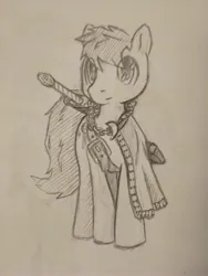 Size: 3000x4000 | Tagged: safe, artist:finnfox66, derpibooru import, oc, oc:lo-fi, unofficial characters only, earth pony, belt, cape, clothes, derpibooru exclusive, full body, image, jpeg, monochrome, simple background, sword, traditional art, weapon, white background