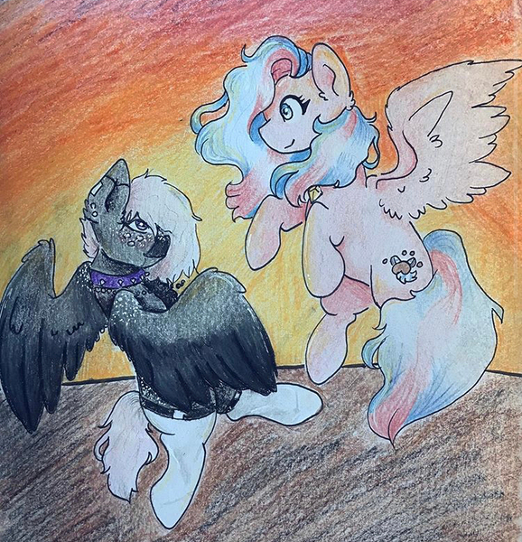 Size: 750x778 | Tagged: safe, derpibooru import, oc, oc:flutters, oc:onyxstar (fl), pegasus, pony, choker, clothes, flying, image, jewelry, jpeg, looking at each other, looking at someone, necklace, socks, spiked choker, sunset, thigh highs