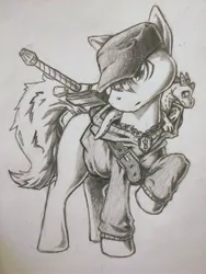 Size: 3000x4000 | Tagged: safe, artist:finnfox66, derpibooru import, oc, oc:lo-fi, unofficial characters only, belt, cap, clothes, derpibooru exclusive, dragon plushie, hat, hoodie, image, jewelry, jpeg, monochrome, necklace, simple background, sword, toy, weapon, white background
