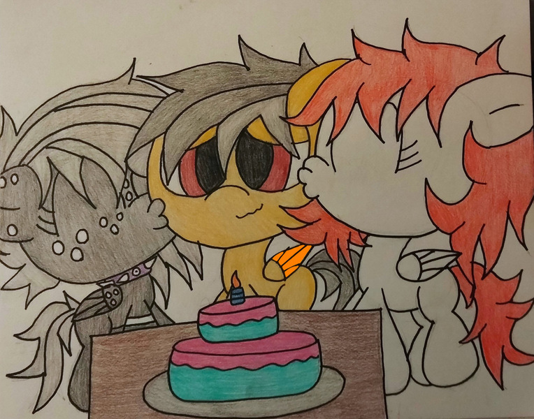 Size: 2048x1608 | Tagged: safe, artist:mr.colt, derpibooru import, oc, oc:kira (fl), oc:onyxstar (fl), oc:thunder (fl), pegasus, pony, birthday, cake, food, image, jpeg, kissing, smiling, traditional art, trio