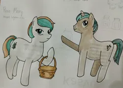 Size: 1600x1151 | Tagged: safe, artist:ele, derpibooru import, oc, unofficial characters only, earth pony, unicorn, basket, green mane, horn, image, jpeg, looking at you, simple background, traditional art, waving, white background