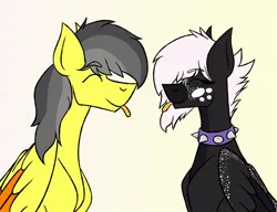 Size: 1950x1500 | Tagged: safe, derpibooru import, oc, oc:onyxstar (fl), oc:thunder (fl), pegasus, pony, choker, duo, gradient background, image, jpeg, looking at each other, looking at someone, spiked choker, tongue out