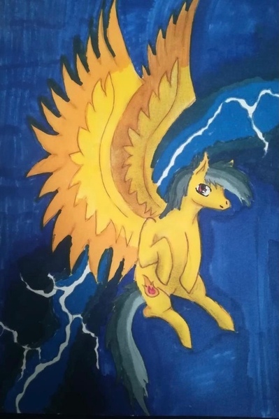 Size: 659x991 | Tagged: safe, artist:princessafiramlp, derpibooru import, oc, oc:thunder (fl), unofficial characters only, pegasus, pony, flying, image, jpeg, lightning, looking at you, rain, solo, traditional art