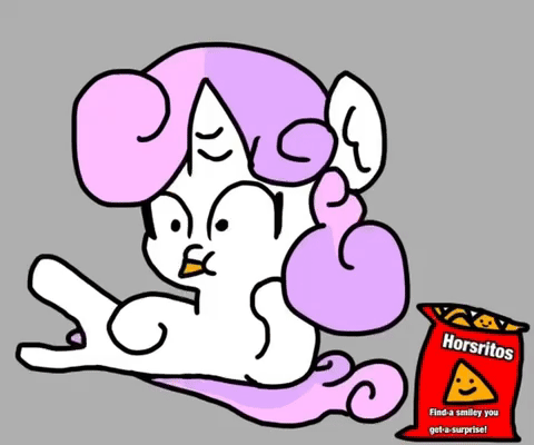 Size: 480x400 | Tagged: safe, artist:sweetsterty, derpibooru import, sweetie belle, unicorn, chips, eating, food, gif, horn, image, reaction gif, sideways