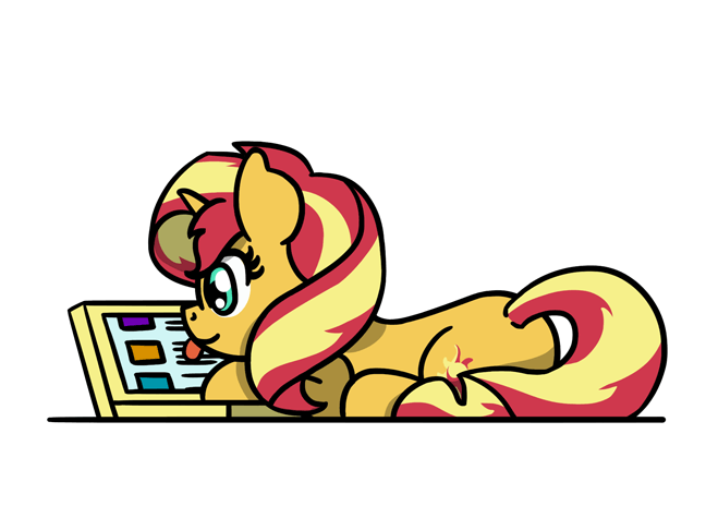 Size: 648x486 | Tagged: safe, artist:flutterluv, derpibooru import, sunset shimmer, pony, unicorn, animated, behaving like a cat, computer, cute, g4, gif, horn, image, laptop computer, licking, lying down, ponified animal video, prone, shimmerbetes, simple background, solo, tongue out, touchscreen, white background