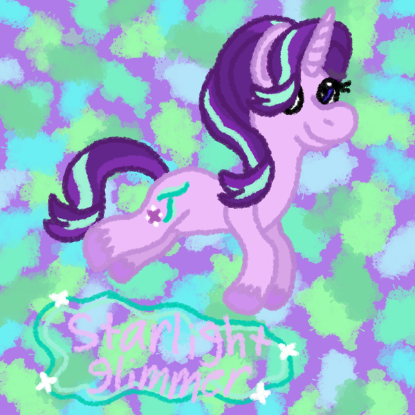 Size: 1000x1000 | Tagged: safe, artist:mintwhistle, derpibooru import, starlight glimmer, pony, unicorn, abstract background, colored hooves, female, g4, horn, image, jumping, looking back, mare, medibang paint, png, slender, smiling, solo, sparkles, starlight glimmer day, thin, unshorn fetlocks