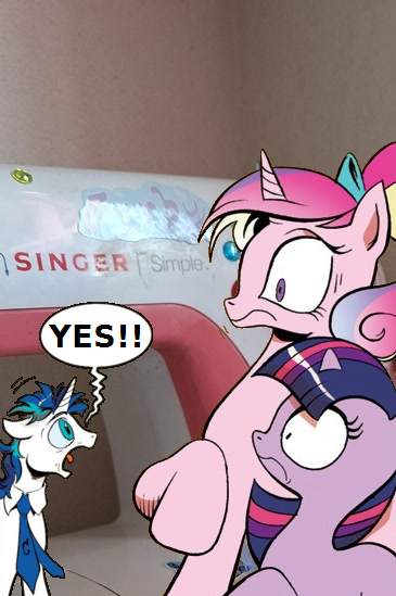 Size: 365x549 | Tagged: safe, artist:andypriceart, derpibooru import, edit, idw, princess cadance, shining armor, twilight sparkle, alicorn, pony, unicorn, neigh anything, clothes, crossing the memes, dishevelled, exploitable meme, female, filly, filly twilight sparkle, floppy ears, foal, g4, horn, image, male, mare, meme, messy mane, necktie, obligatory pony, photo, pinpoint eyes, png, screaming armor, sewing machine, size difference, smaller male, speech bubble, stallion, teen princess cadance, teenager, the bride and the ugly ass groom, unicorn twilight, yes, younger