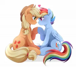 Size: 2048x1849 | Tagged: safe, artist:applesartt, derpibooru import, applejack, rainbow dash, earth pony, pegasus, pony, appledash, applejack's hat, cowboy hat, duo, duo female, eye contact, female, floating heart, folded wings, freckles, g4, hat, heart, hoofbump, image, jpeg, lesbian, looking at each other, looking at someone, mare, shipping, simple background, sitting, smiling, smiling at each other, white background, wings