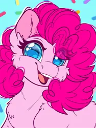 Size: 1536x2048 | Tagged: safe, artist:haywaiianhorse, derpibooru import, pinkie pie, earth pony, pony, blue background, cheek fluff, chest fluff, confetti, cute, diapinkes, ear fluff, eye clipping through hair, eyebrows, eyebrows visible through hair, female, g4, image, jpeg, looking at you, mare, open mouth, open smile, simple background, smiling, smiling at you, solo