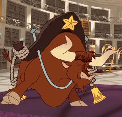 Size: 800x761 | Tagged: safe, derpibooru import, bull, them's fightin' herds, animated, bell, community related, dancing, eyes closed, game screencap, gif, horns, image, male, rope, solo, taunt, taunting, texas (tfh), yoke