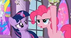 Size: 1108x593 | Tagged: safe, derpibooru import, screencap, pinkie pie, twilight sparkle, earth pony, unicorn, g4, horn, image, jpeg, pointing up