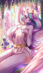 Size: 1394x2365 | Tagged: suggestive, artist:hikerumin, derpibooru import, princess celestia, alicorn, anthro, absolute cleavage, advertisement, big breasts, breasts, busty princess celestia, cleavage, clothes, dress, ear fluff, ethereal mane, fluffy, g4, image, jpeg, looking at you, patreon, patreon link, patreon logo, patreon preview, patreon reward, solo, sun, tights