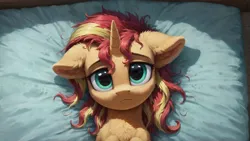 Size: 1920x1080 | Tagged: safe, ai content, derpibooru import, machine learning generated, prompter:truekry, stable diffusion, sunset shimmer, pony, unicorn, g4, generator:pony diffusion v6 xl, horn, image, lying down, monday, on back, png, sleepy