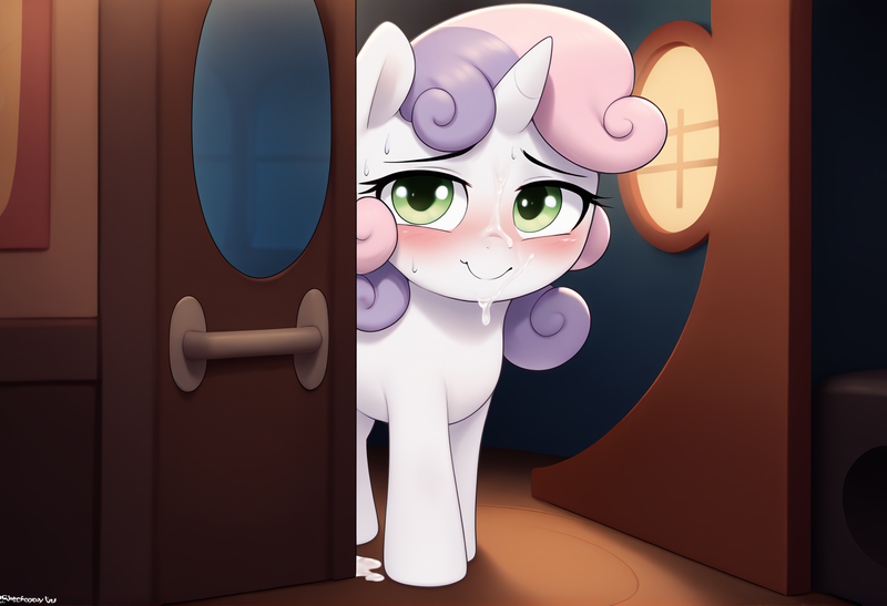 Size: 1696x1160 | Tagged: explicit, ai content, machine learning generated, ponerpics import, ponybooru import, sweetie belle, pony, unicorn, aftersex, blushing, cum, facial, female, filly, foal, foalcon, image, leaking cum, looking at you, png, solo, solo female, sweat, underage