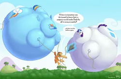 Size: 2380x1547 | Tagged: suggestive, artist:incidental, derpibooru import, applejack, rainbow dash, rarity, earth pony, pegasus, pony, unicorn, bellows, blushing, body inflation, female, floating, forest, g4, horn, image, inflation, jpeg, large butt, nature, puffy cheeks, rainblimp dash, rariblimp, rope, sky, speech bubble, spherical inflation, stretched cutie mark, this will end in balloons, tree, trio